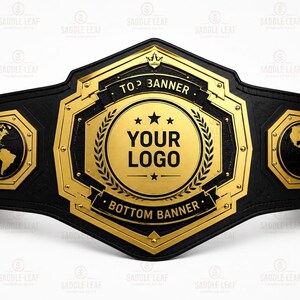 May include: A black championship belt featuring a large central gold plate with a circular center reading YOUR LOGO, flanked by two smaller gold plates displaying world maps. The belt includes text banners reading TOP BANNER and BOTTOM BANNER.