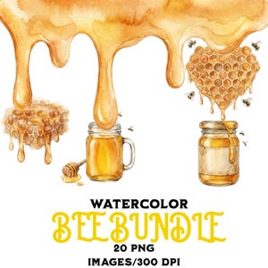 May include: A watercolour illustration of a bee-themed bundle. The image shows dripping honey, honeycombs, and jars of honey. The text "WATERCOLOR BEE BUNDLE" is displayed in yellow, along with "20 PNG IMAGES/300 DPI".