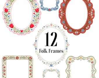 May include: A collection of decorative frames featuring floral and heart motifs in various shapes and colors, including pink, red, blue, and green. The central text reads 12 Folk Frames, surrounded by an oval border with small blue flowers.