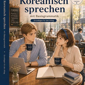May include: A book cover titled Koreanisch sprechen mit Basisgrammatik featuring an illustration of two people sitting at a cafe table with mugs labeled Alex and Wonny, a laptop, and books. The cover includes text about learning Korean for German speakers.