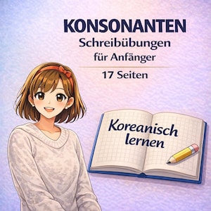 Könnte beinhalten: Eine Anime-Illustration einer Person mit braunen Haaren und einem roten Stirnband neben einem offenen Notizbuch mit kariertem Papier. Der Text lautet KONSONANTEN Schreibübungen für Anfänger 17 Seiten und Koreanisch lernen mit einem Bleistift.