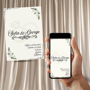 May include: An invitation with the text "Sofia & George" and wedding ring graphics. The invitation includes the date, time, and location details. A smartphone displays the same invitation. Floral accents and decorative borders adorn the design.