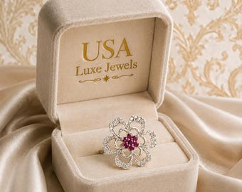 Bague fleur rubis | Bague grappe florale en argent | Bague tendance style vintage | Cadeau de bijoux de mariée | Cadeau de proposition pour elle