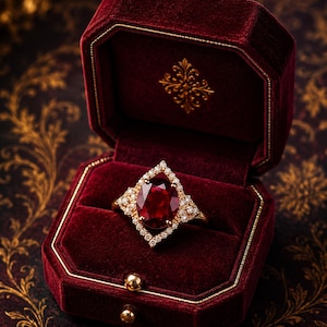 May include: A gold ring with a large oval ruby center stone, surrounded by a diamond halo, rests in an open, burgundy velvet jewelry box. The box has gold trim and a decorative gold emblem on the lid. The background is a dark, patterned fabric.