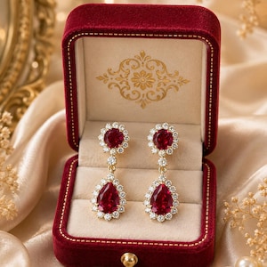 Orecchini pendenti con rubino, orecchini pendenti con gemma rossa, orecchini da sposa vintage con alone, orecchini in stile oro giallo, gioiello da sposa, regalo per lei