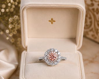 Peach Morganite Halo Engagement Ring, Floral Cluster Ring, Luxury Bridal Ring, Rose Gold White Gold Ring, Customizable Wedding Ring