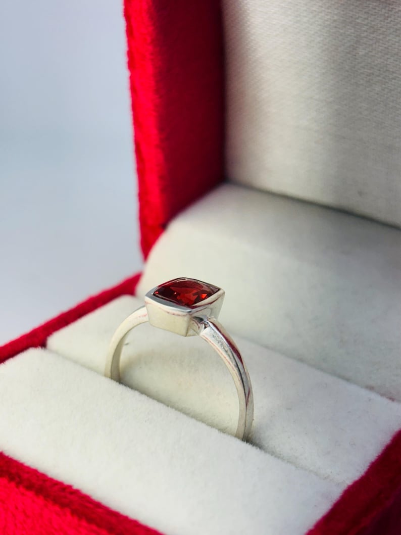 Ruby Bezel Ring | Emerald Cut Red Ruby Sterling Silver Ring | Personalized Birthstone Ring | Handmade Solitaire Ring | Gift for Her image 3
