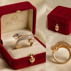 Könnte beinhalten: Ein goldener Schlangenring mit klaren Edelsteinen und einem schwarzen Auge, präsentiert in einer roten Samt-Schmuckschatulle. Die Schatulle ist geöffnet und zeigt das aufwendige Design des Rings. Eine geschlossene Schatulle ist ebenfalls abgebildet.