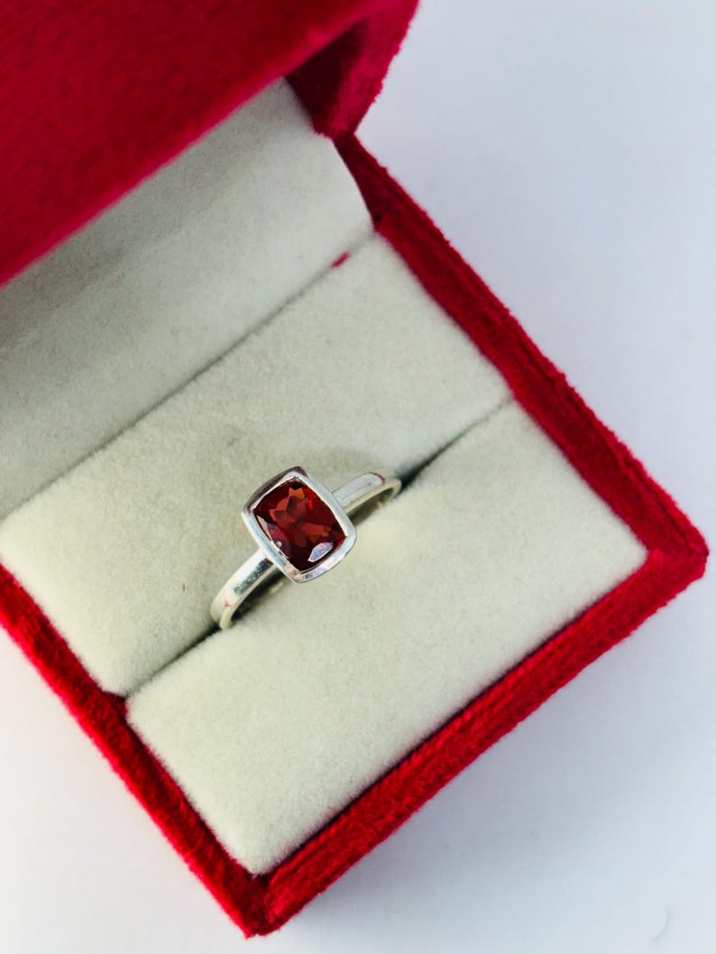 Ruby Bezel Ring | Emerald Cut Red Ruby Sterling Silver Ring | Personalized Birthstone Ring | Handmade Solitaire Ring | Gift for Her image 2