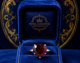 Anillo Corazón Granate – Declaración de Amor Real en Oro Amarillo de 14K / Elegante Anillo de Compromiso de Lujo Romántico Anillos de Promesa