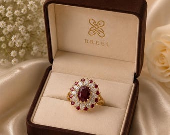 Vintage Ruby Halo Ring with CZ Accents in 14K Gold | Oval Cut Ruby Engagement Ring | Floral Cluster Statement Ring | Luxury Gift for
