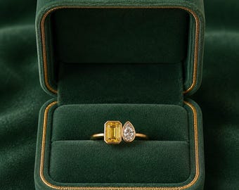Elegant Dual Stone Emerald & Pear Cut Ring – Citrine And Moissanite Style Ring in Gold | Minimal Luxury Statement Jewelry