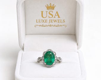 Doppel Acht Labor gewachsene Smaragdgrün Oval Cut Halo Ring | Vintage Stil Verlobungsring | 925er Silber | Personalisierter Geburtsstein Ring