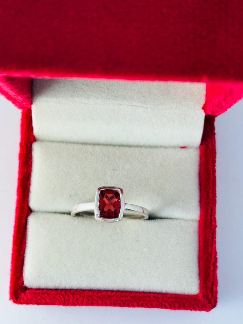 Ruby Bezel Ring | Emerald Cut Red Ruby Sterling Silver Ring | Personalized Birthstone Ring | Handmade Solitaire Ring | Gift for Her image 5