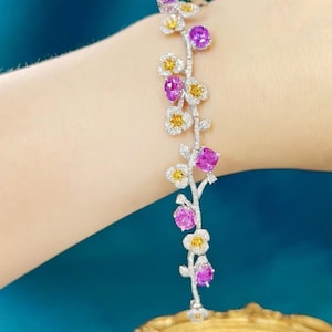 Multi Sapphire Floral Bracelet, Baguette Tennis Style, Nature Inspired Jewelry