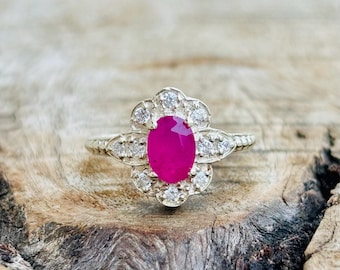 Lab-Grown Ruby Oval Halo Ring – Diamond Accent Floral Statement Piece