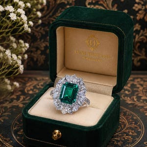 May include: A ring featuring a large emerald-cut green gemstone surrounded by a halo of marquise and round-cut white stones, presented in a dark green velvet box with the gold text Luxe Heritage Jewellery printed on the interior lid.