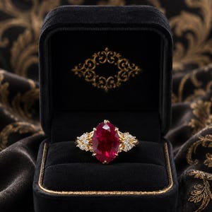 Puede incluir: Un anillo de oro con una gran gema de rubí de corte ovalado, flanqueada por pequeños diamantes, presentado en un joyero de terciopelo negro. El joyero está abierto, revelando el anillo sobre un fondo oscuro.
