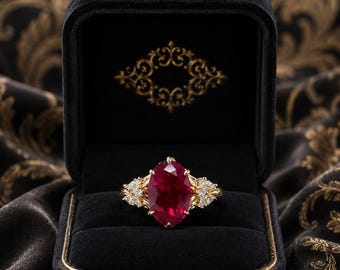Ruby Ring in Gold, Vintage Style Engagement Ring, Red Gemstone Statement Ring, Anniversary Gift for Her, Vintage Accent Ring