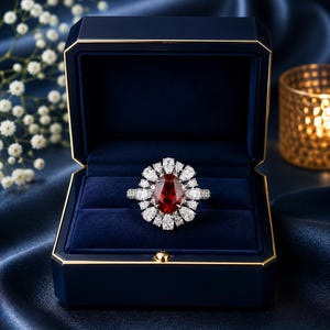 May include: A ruby and diamond ring presented in a navy blue jewellery box. The ring has a large oval-cut ruby surrounded by a halo of smaller diamonds. The box is open, revealing a plush interior, and rests on a dark blue satin surface.