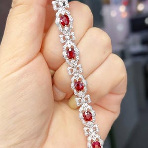 Oval Cut Red Ruby Tennis Bracelet, White Gold Finish, Bridal Jewelry