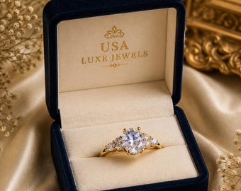 Oval Moissanite Engagement Ring, Gold Moissanite Cluster Ring, Vintage Style Promise Ring, Oval Cut Bridal Ring, Luxury Gift for Her