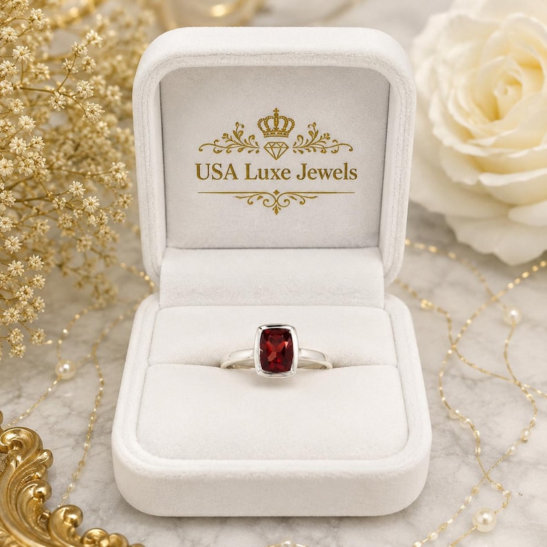 Ruby Bezel Ring | Emerald Cut Red Ruby Sterling Silver Ring | Personalized Birthstone Ring | Handmade Solitaire Ring | Gift for Her image 1