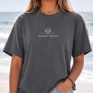 Beach Vibes T-Shirt, Minimal Seashell Graphic Tee, Coastal Summer Shirt, Small Chest Design, Unisex Garment Dyed Tee