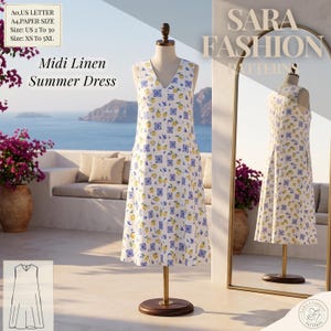 Può includere: Un abito estivo midi senza maniche in lino con base bianca e un motivo ripetuto di limoni gialli e piastrelle geometriche blu. L'abito presenta uno scollo a V e una silhouette dritta. Il testo sull'immagine include SARA FASHION PATTERNS.