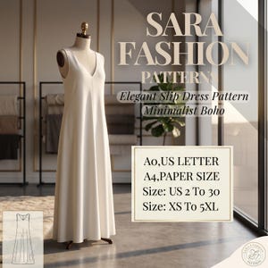 Mönster för linneklänning i underklänning, elegant minimalistisk boho maxiklänning i pdf-format, enkel nybörjarsömnad, Xs-5xl, US 2-30, A0 A4 US Letter Download