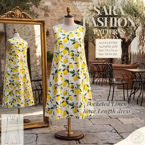 Peut inclure: Une robe sans manches arrivant au genou avec un fond blanc et un motif répétitif de citrons jaunes et de feuilles vertes. La robe est présentée sur un mannequin. Le texte indique SARA FASHION PATTERNS, A0, US LETTER, A4, PAPER SIZE, Size: US 2 To 30, Size: XS To 5XL, et Pocketed Linen Knee Length dress.