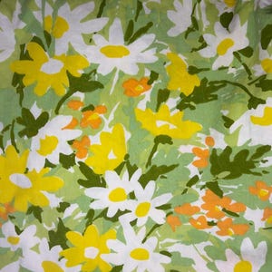 May include: A floral pattern featuring white and yellow daisies, small orange flowers, and green leaves on a light green background. The design is a repeating pattern, creating a vibrant and cheerful aesthetic.
