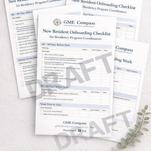 May include: Several white checklists titled "New Resident Onboarding Checklist for Residency Program Coordinators" are stacked. The checklists include sections for pre-start tasks, with the GME Compass logo at the top. A paperclip and a push pin are visible.