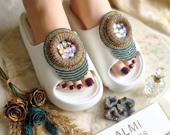 Sandalias Bordados para mujer -Embroidered Sandals-chanclas de plataforma con cristales para el día a día o eventos especiales
