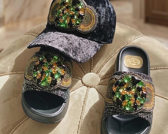 Strahle Bei jedem Schritt: Schwarze Plateau Sandalen 5, 5cm-Handmade Kristalle-Federleicht Bequem -Luxus Pantoletten ALMI