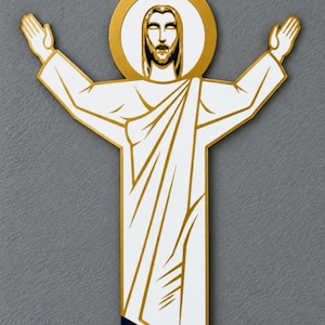 May include: A wall-mounted decorative plaque featuring a stylized white and gold graphic of a figure with arms outstretched and a halo. The design includes clean lines and a metallic gold border, with a small metal loop at the top for hanging.