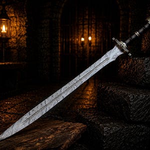 May include: A double-edged sword featuring a blade with a distinct wavy, layered metal pattern. The hilt is black with metallic silver accents and a crossguard. The blade is long, pointed, and tapers towards the tip, showcasing a visible central fuller.
