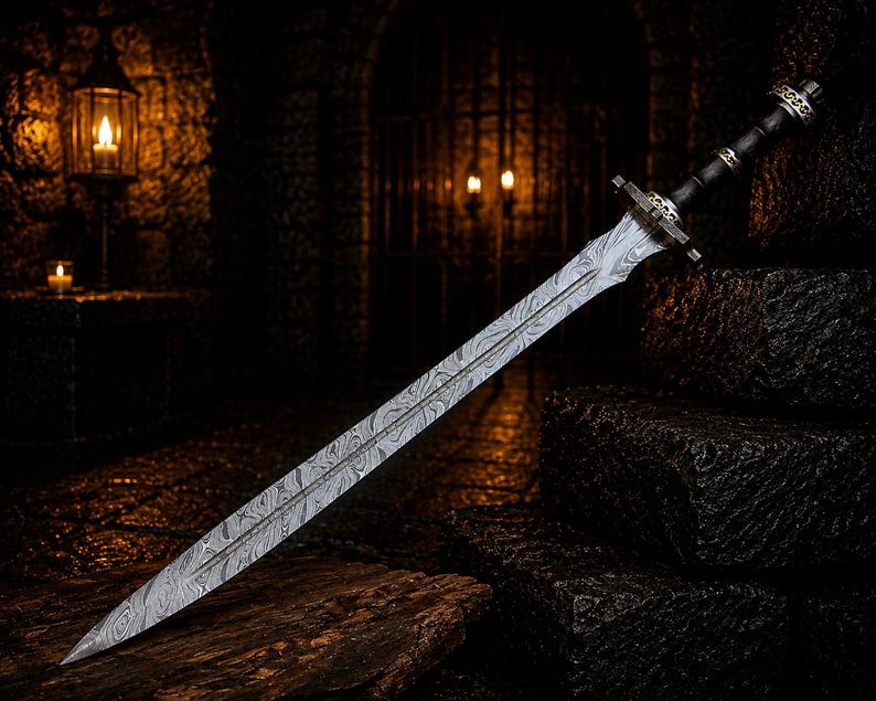 May include: A double-edged sword featuring a blade with a distinct wavy, layered metal pattern. The hilt is black with metallic silver accents and a crossguard. The blade is long, pointed, and tapers towards the tip, showcasing a visible central fuller.