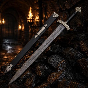 May include: A double-edged sword with a patterned Damascus steel blade, a black handle, and a matching black scabbard. The crossguard and pommel feature intricate silver-toned metal detailing, while the scabbard includes silver-toned metal accents.