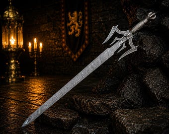 Medieval Damascus Steel Fantasy Sword Decor, Handmade Steel Display Sword, Gothic Wall Hanging, Viking Style Collector Gift, Cosplay Decor