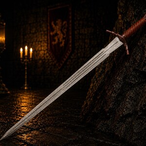 May include: A double-edged steel sword featuring a long, tapered blade with a central fuller and a textured, spiralled brown handle. The crossguard is simple and straight, extending from the hilt to protect the hand, with a pointed tip.