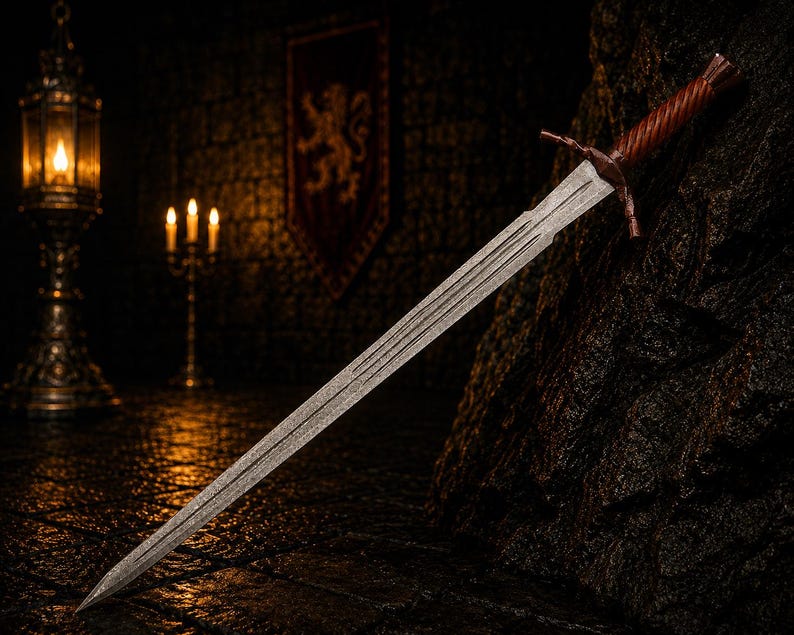 May include: A double-edged steel sword featuring a long, tapered blade with a central fuller and a textured, spiralled brown handle. The crossguard is simple and straight, extending from the hilt to protect the hand, with a pointed tip.