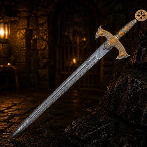 May include: A sword with a patterned Damascus steel blade and an ornate gold-coloured crossguard and pommel. The hilt features intricate metalwork and a circular emblem at the top. The blade displays a distinct wavy layered metal texture throughout.