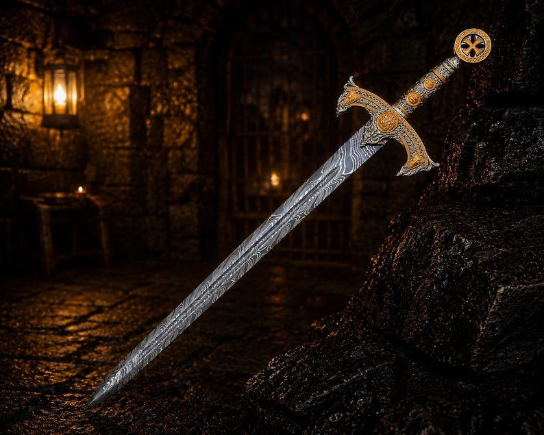 May include: A sword with a patterned Damascus steel blade and an ornate gold-coloured crossguard and pommel. The hilt features intricate metalwork and a circular emblem at the top. The blade displays a distinct wavy layered metal texture throughout.