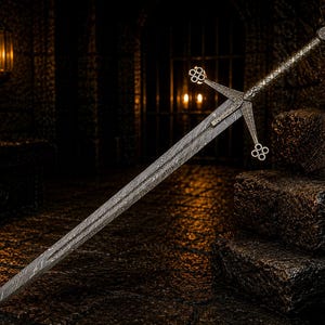 May include: A long sword featuring a double-edged blade with a distinct wavy Damascus steel pattern. The metal crossguard and pommel are intricately detailed with circular quatrefoil motifs, and the grip is wrapped in a textured metallic material.