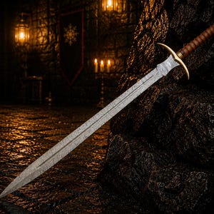 May include: A double-edged sword featuring a patterned Damascus steel blade, a gold-toned metal crossguard, and a brown leather-wrapped grip with a gold-toned pommel. The blade displays a distinct wavy, layered metal texture throughout its length.
