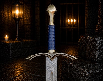 Blue Damascus Steel Longsword, Handmade Medieval Knight Sword, Viking Display Wall Decor Collector Gift for Husband Halloween Gift for Dad