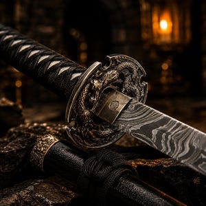 May include: A katana sword featuring a blade with a distinct wavy Damascus steel pattern, a black cord-wrapped handle, and a circular bronze-toned tsuba guard intricately embossed with a dragon motif, accompanied by a black scabbard with gold accents.