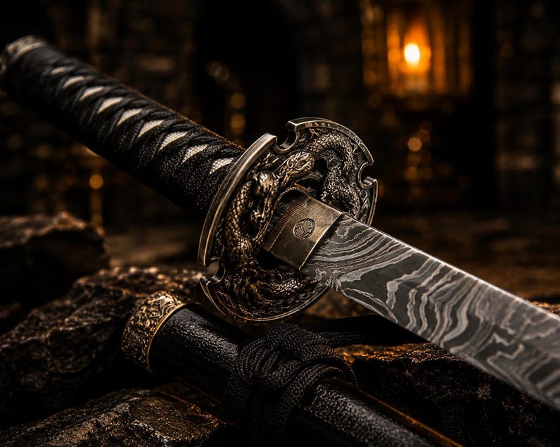May include: A katana sword featuring a blade with a distinct wavy Damascus steel pattern, a black cord-wrapped handle, and a circular bronze-toned tsuba guard intricately embossed with a dragon motif, accompanied by a black scabbard with gold accents.