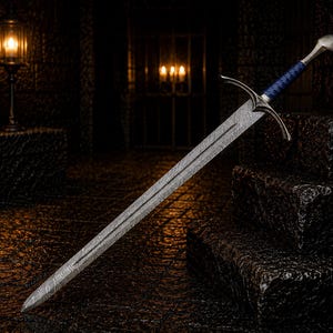 May include: A long sword with a patterned Damascus steel blade, a silver-toned crossguard, and a blue wrapped grip. The pommel is rounded and metallic, and the blade features a distinct wavy, layered metal texture running along its entire length.
